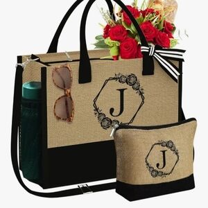 Elegant Black and Tan Tote Bag Set "J" Monogram